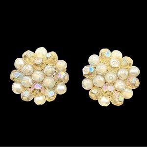 Vintage Japan Faux Pearl and Aurora Cluster Clip-On Earrings - gray silver Tone